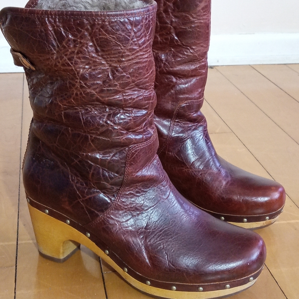 Ugg Lynnea shearling lined studded clog boots in cognac brown leather